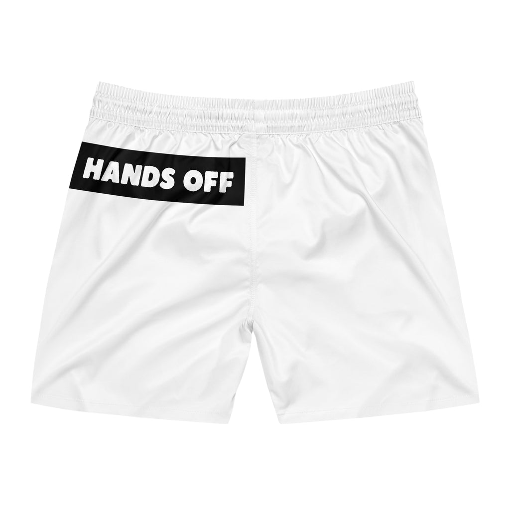 Swim Shorts — 'HANDS OFF' Minimal Back-Print Men's Mid-Length Swim Trunks