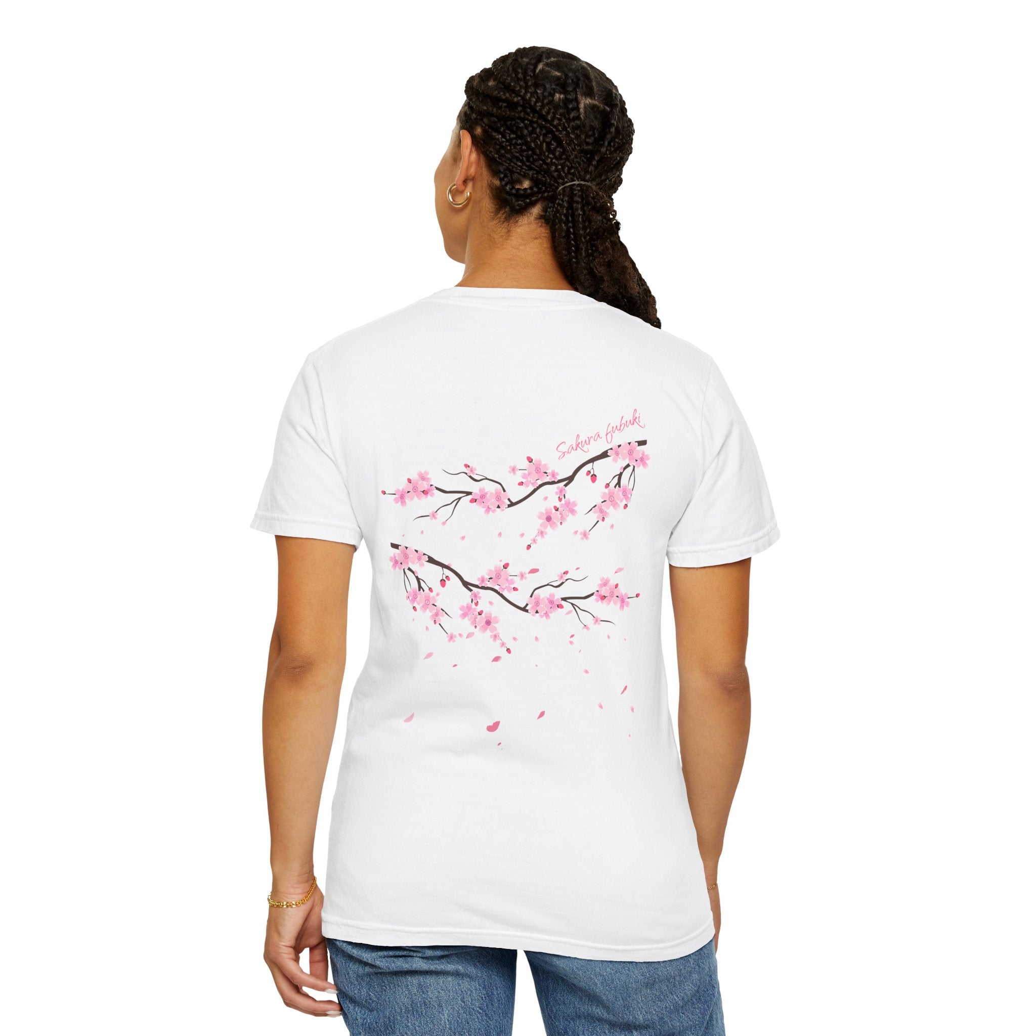 01 - Unisex back print Japanese Minimal Pink Sakura Graphic Tee  / Tee Sakura Fubuki Japonais