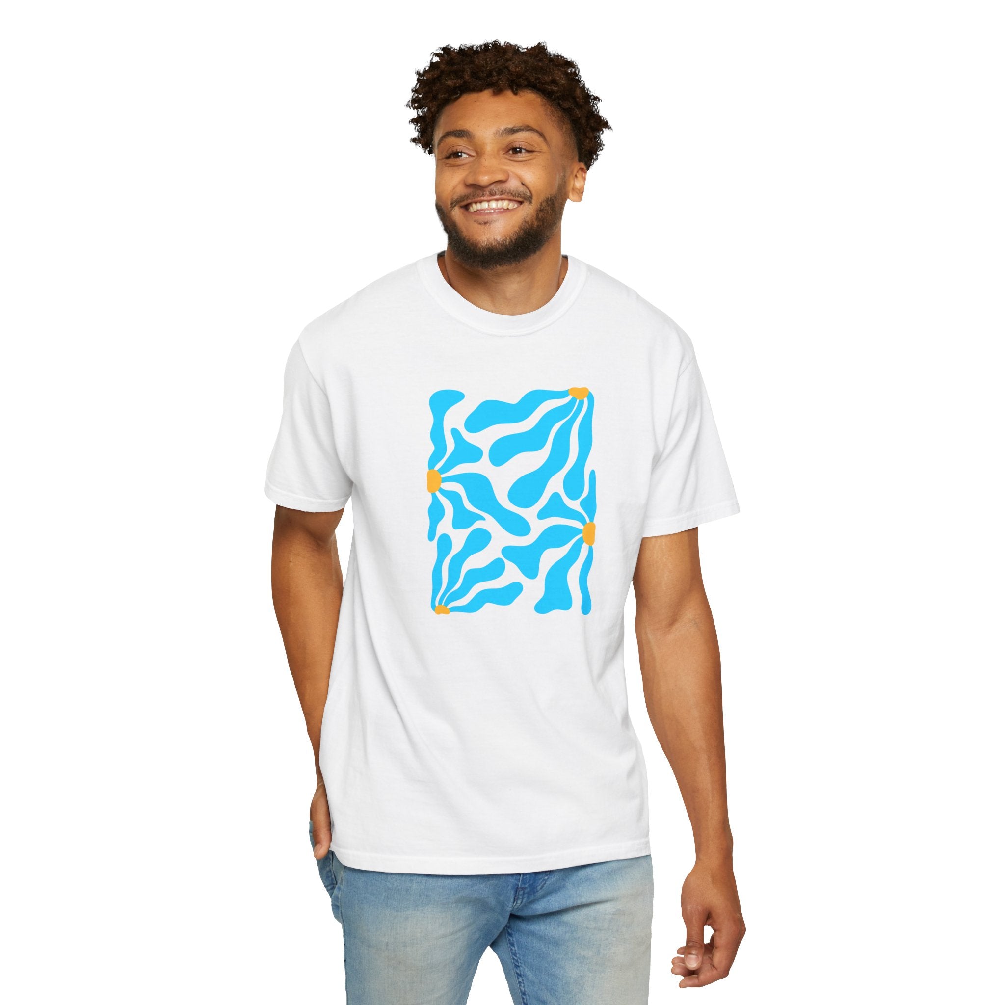 01- Unisex Blue groovy Flowers Tee / Unisexe Tee Groovy Floral