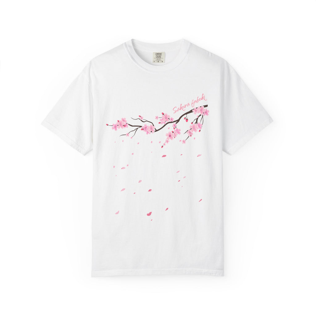 01 - Japanese Minimal Pink Sakura Graphic Tee  / Tee Sakura Fubuki Japonais