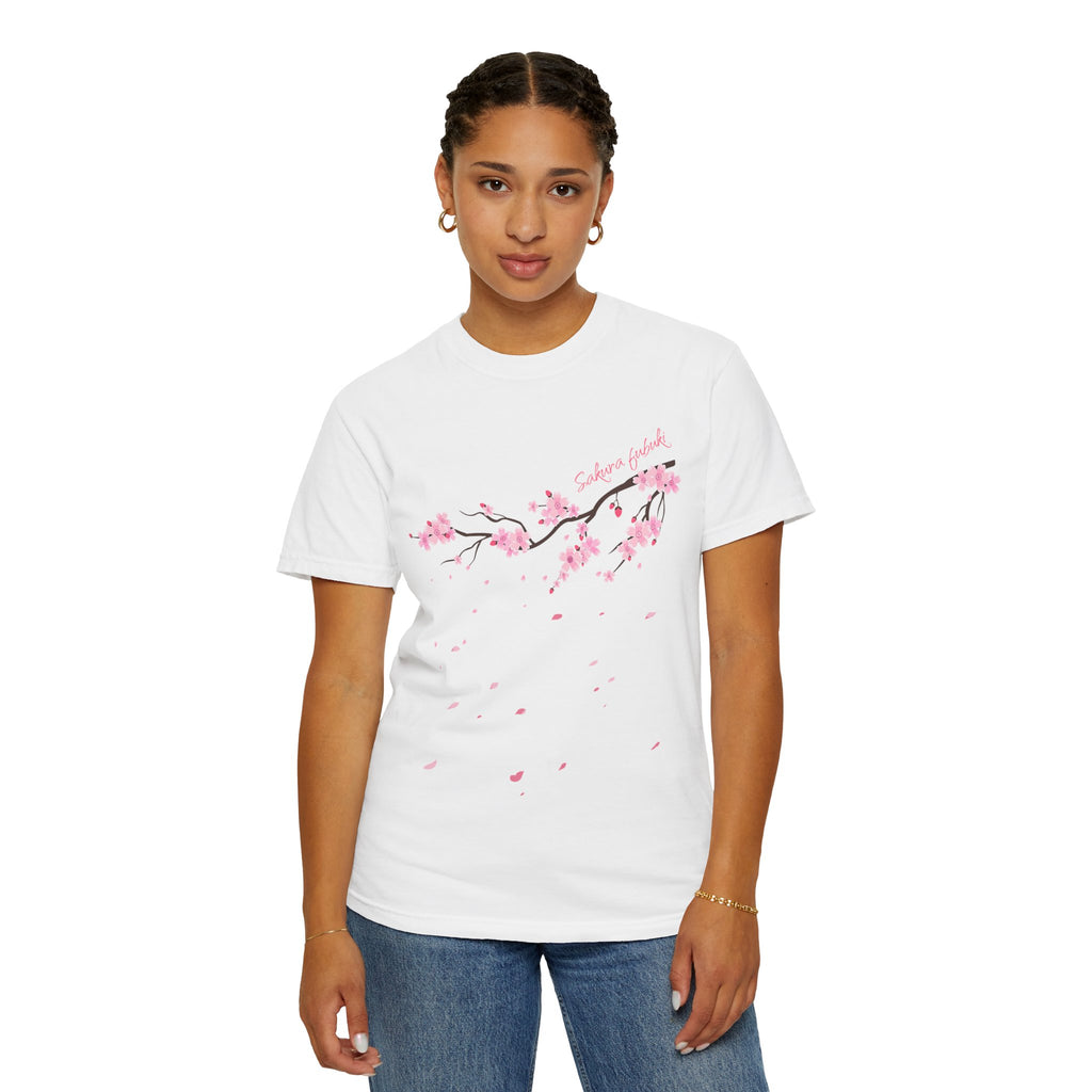 01 - Japanese Minimal Pink Sakura Graphic Tee  / Tee Sakura Fubuki Japonais