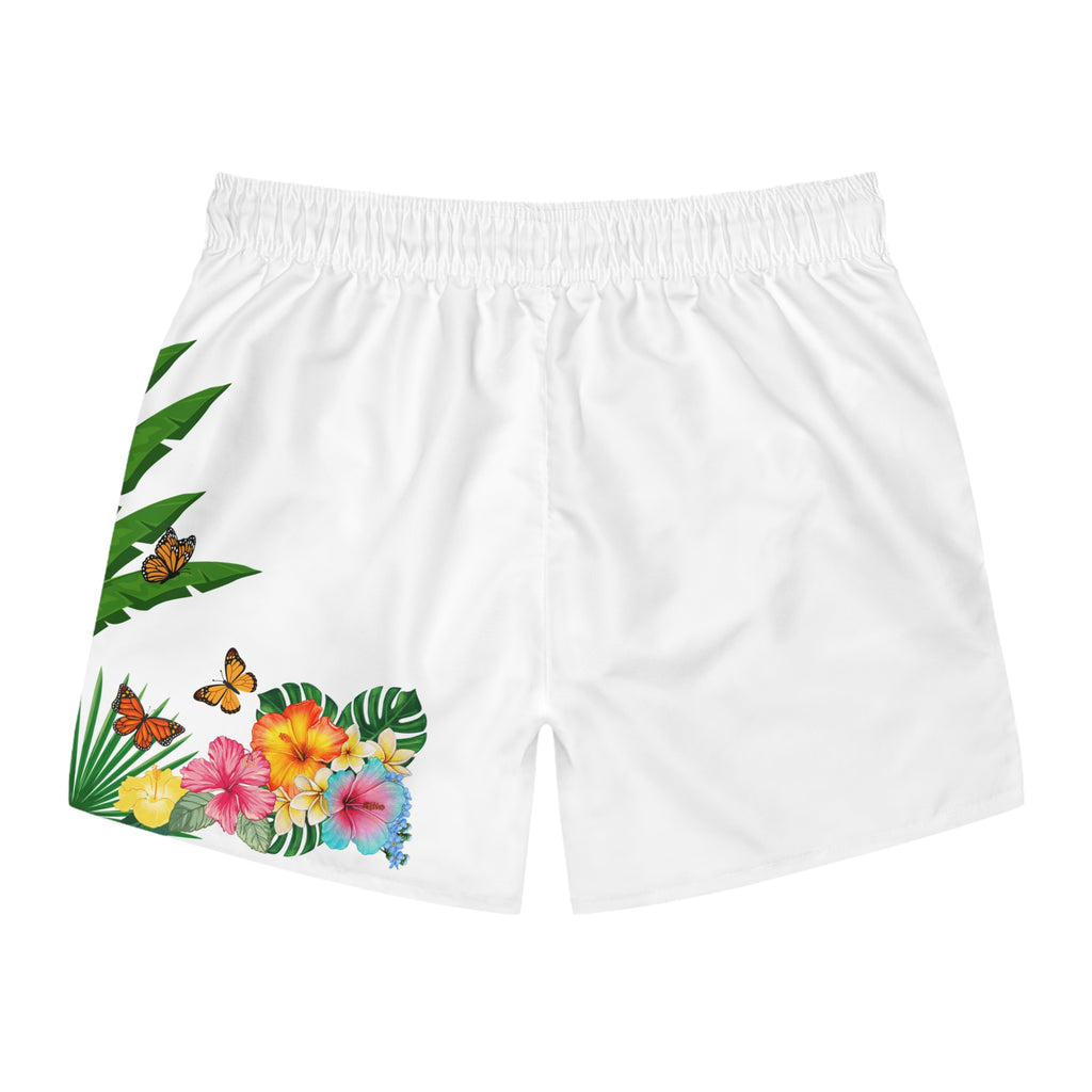 Tropische Flamingo Badeshorts – Florale Strandshorts mit Palmenblättern & Schmetterlingen
