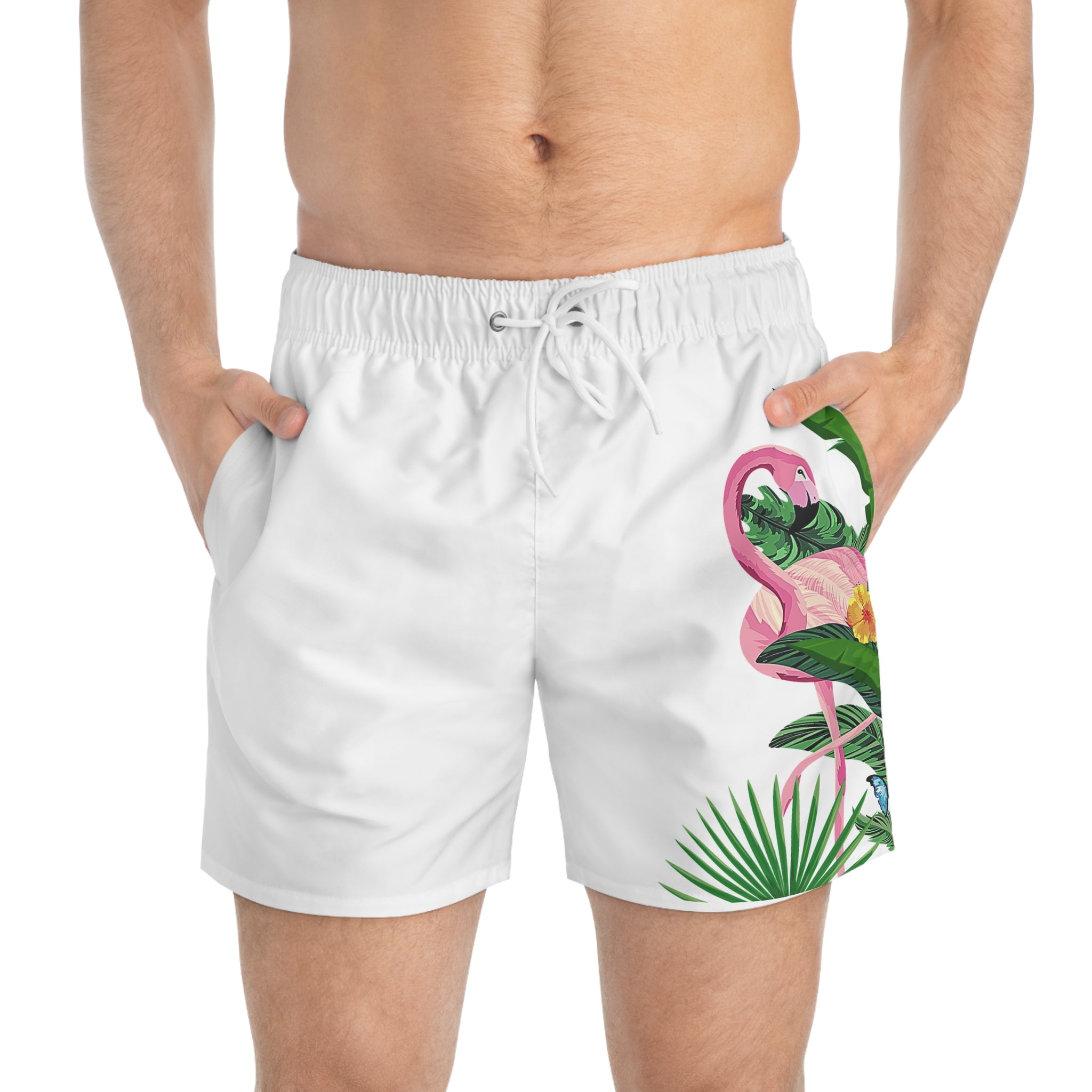 Tropische Flamingo Badeshorts – Florale Strandshorts mit Palmenblättern & Schmetterlingen