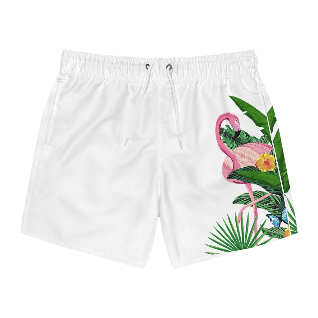 Tropische Flamingo Badeshorts – Florale Strandshorts mit Palmenblättern & Schmetterlingen