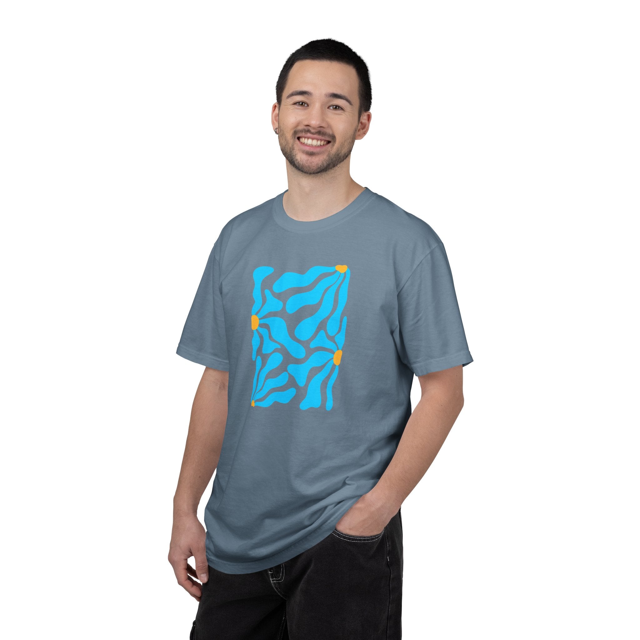 01- Unisex Blue groovy Flowers Tee / Unisexe Tee Groovy Floral