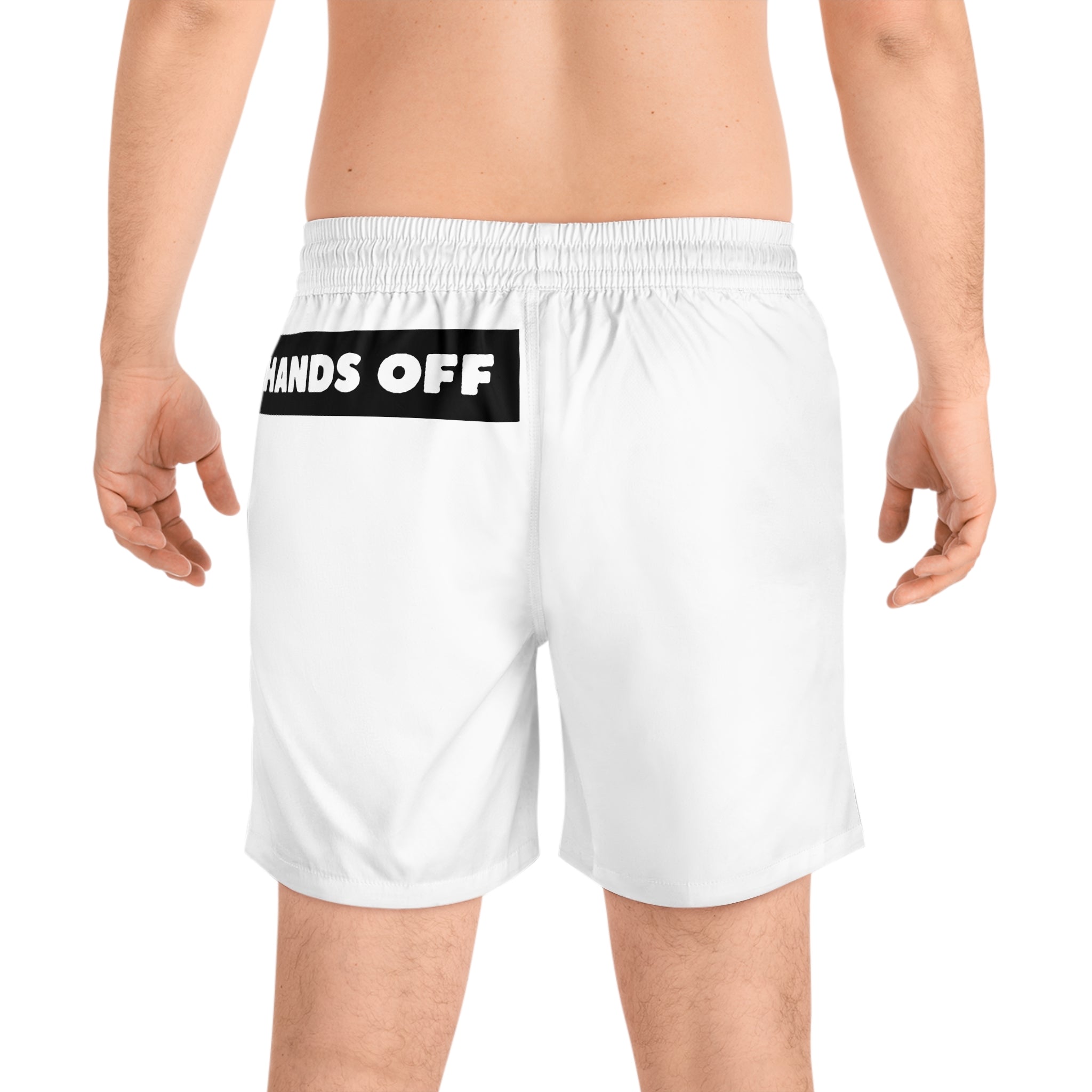 Swim Shorts — 'HANDS OFF' Minimal Back-Print Men's Mid-Length Swim Trunks