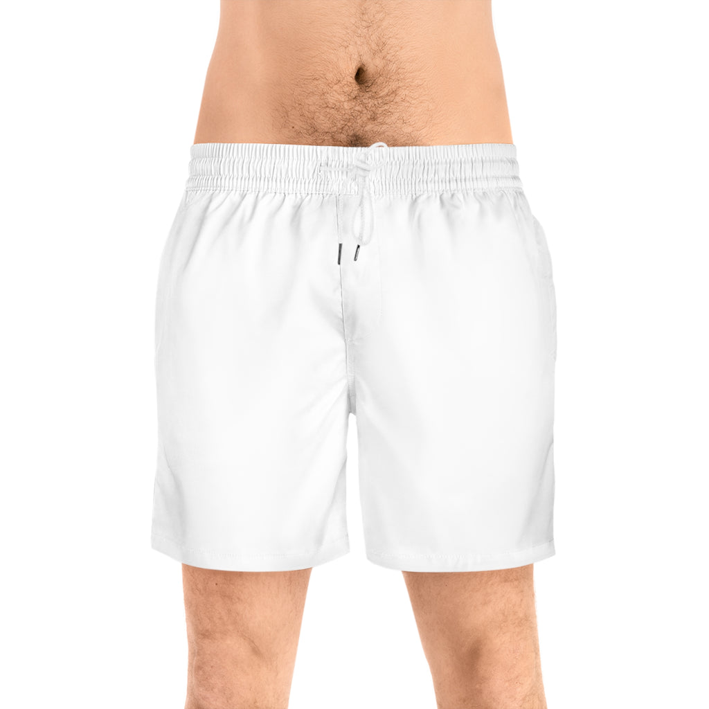 Swim Shorts — 'HANDS OFF' Minimal Back-Print Men's Mid-Length Swim Trunks