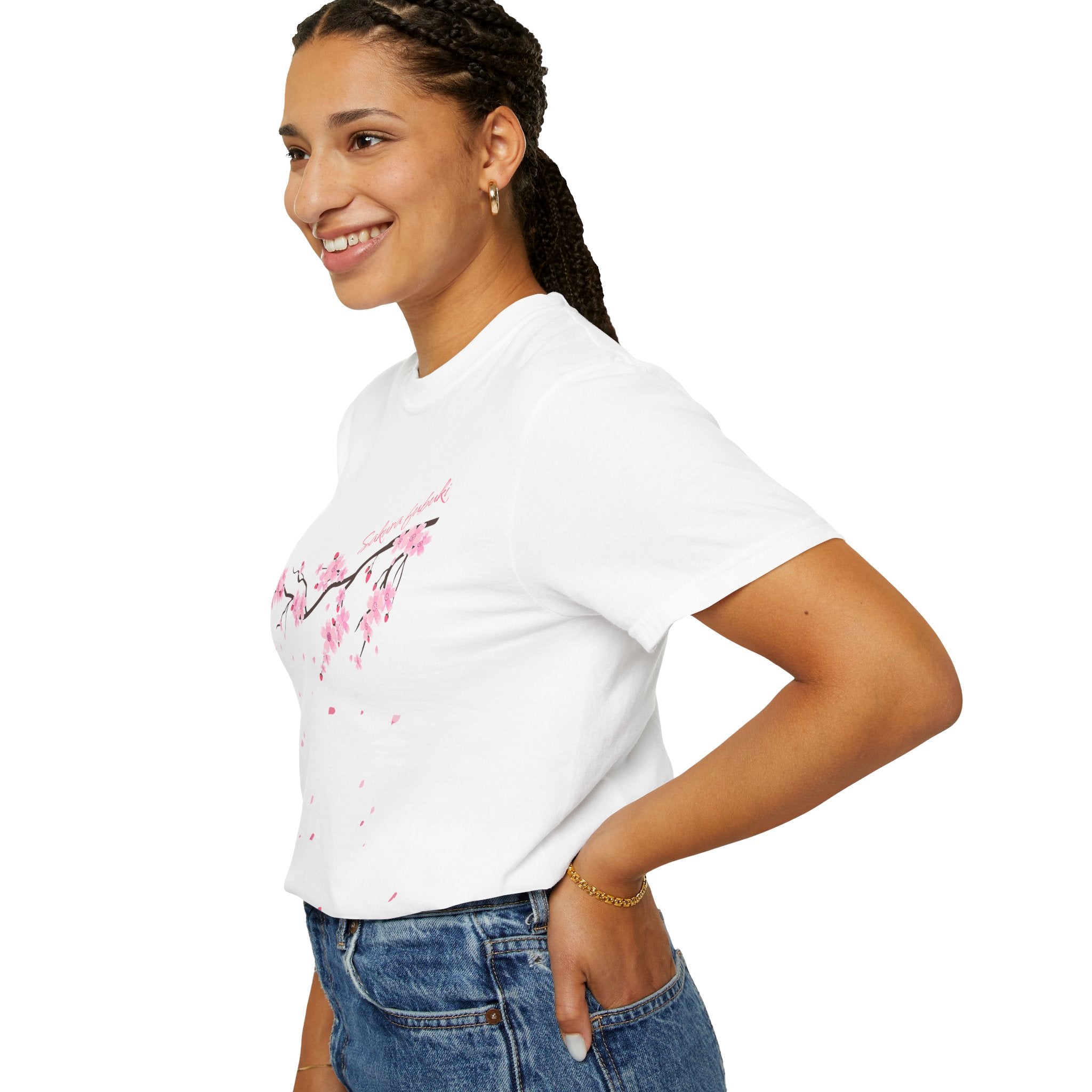 01 - Japanese Minimal Pink Sakura Graphic Tee  / Tee Sakura Fubuki Japonais