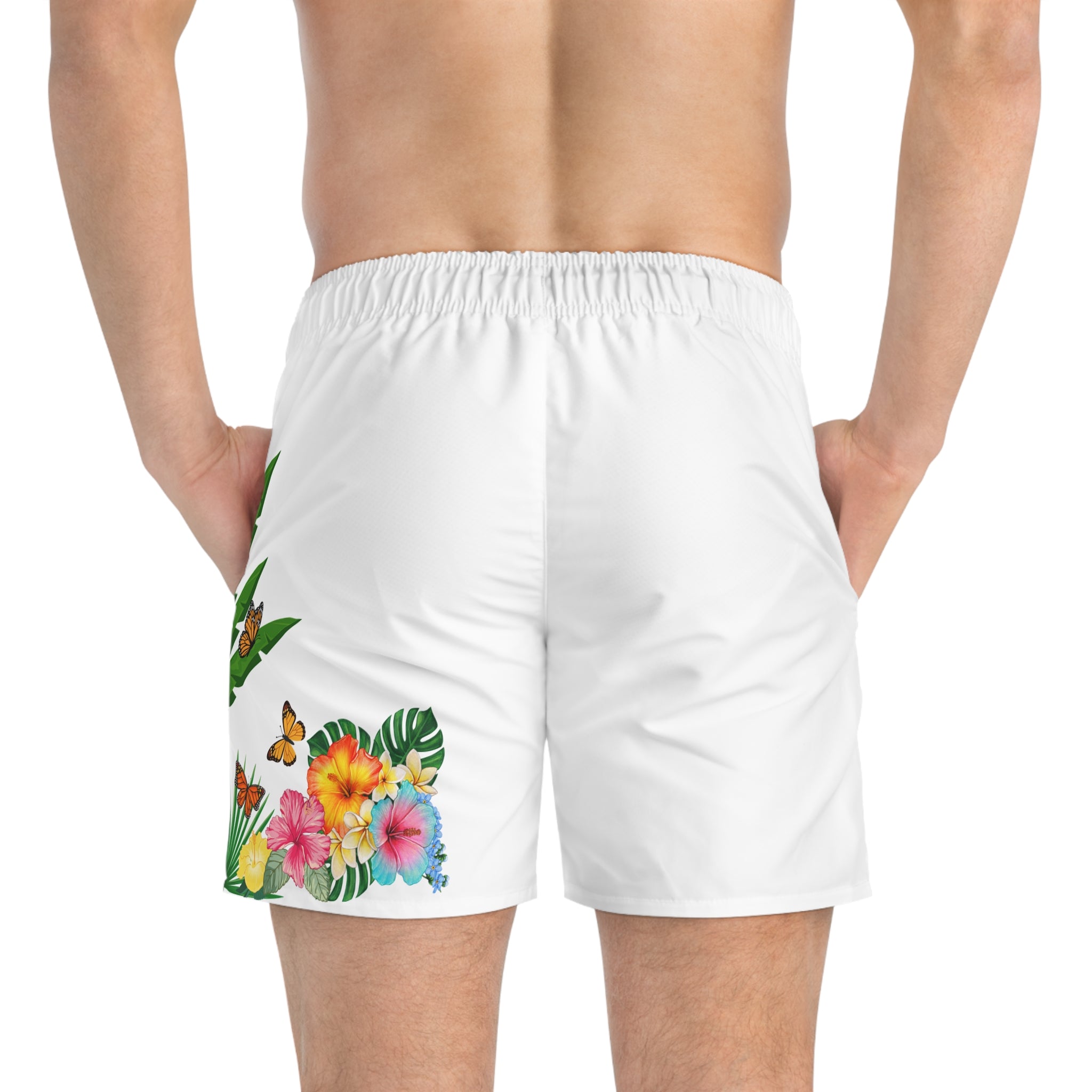 Tropische Flamingo Badeshorts – Florale Strandshorts mit Palmenblättern & Schmetterlingen